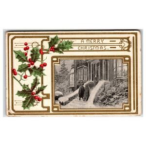 Vintage Christmas Postcard Holly Berries & Snowy Mansion Scene